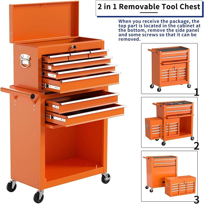 8-Drawer High Capacity Rolling Tool Box with Wheels,Rolling Tool Chest with Drawer,Tool Box on 4 Wheels with Lock, Tool Storage Cabinet Removable Portable Box for Garage Warehouse (Orange)