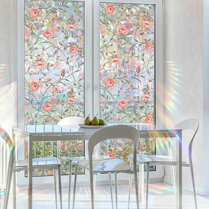 Retro Rose Window Privacy Film, Stained Glass Decals Red Rose Privacy Rainbow - Image 3