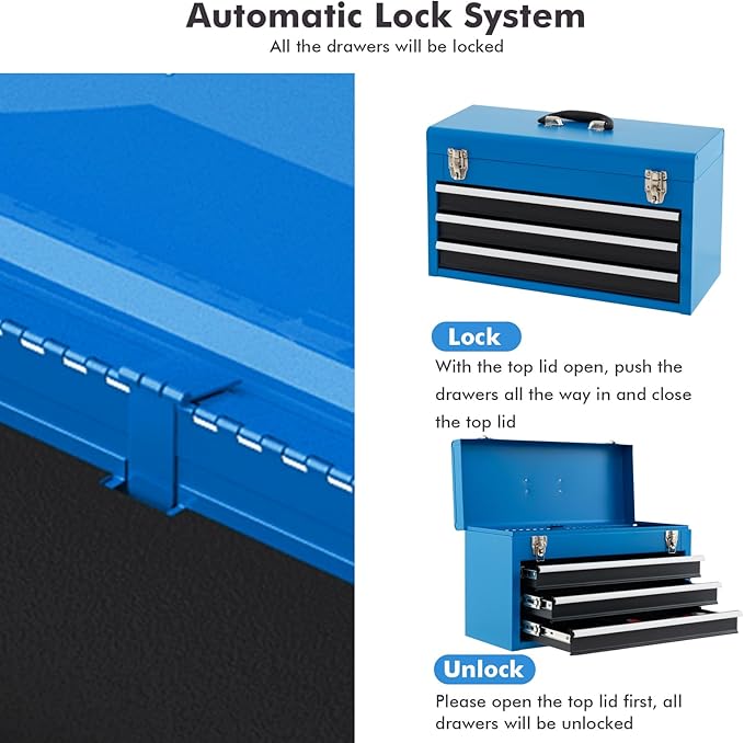 Goplus Tool Box with 3 Drawers, 4-Tier 20" Portable Tool Chest Organizer with Top Tool Tray, Auto Lock, Protective Liner, Handle, Steel Metal Small Toolbox for Gargae, Workshop, Home