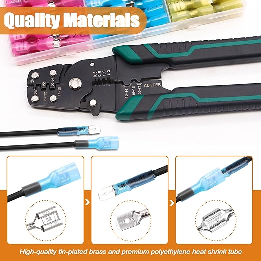 mankk 100PCS Heat Shrink Spade Connectors Kit with Crimping Tool,AWG 22-10 Electrical Waterproof Crimp Butt Terminals Female and Male Spade Terminals (Yellow/Red/Blue) M-N-070-100PCS+Tool