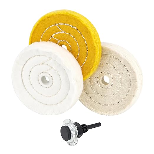SCOTTCHEN 4" Buffing Polishing Wheel - 1/4" Handle, 1/2" Arbor Hole, Fine, Ultra Fine, Treated Yellow Cotton - 3pcs