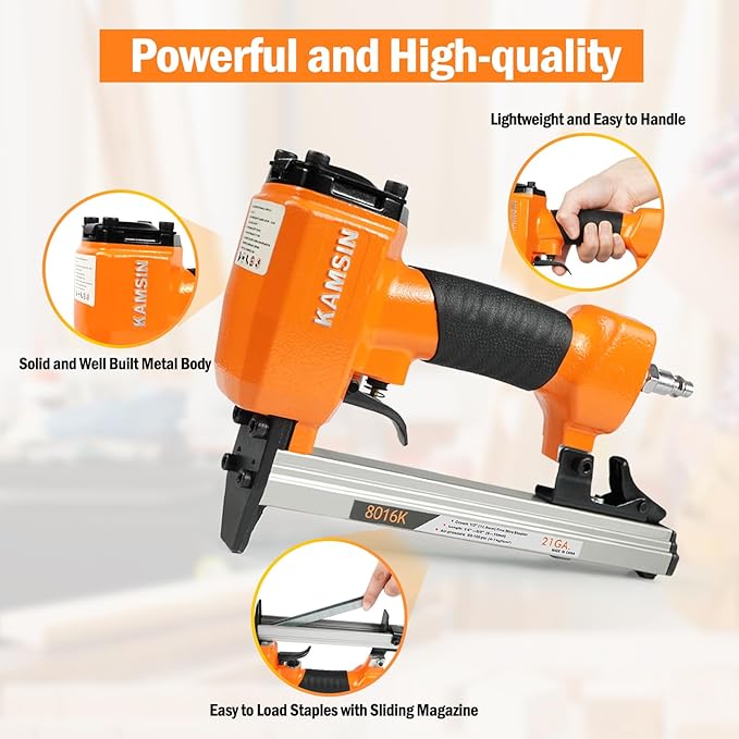 Kamsin 8016K Pneumatic Upholstery Staple Gun 21 Gauge Upholstery Stapler Fits 80 Series Staples with 1/2-Inch Crown and 1/4-Inch to 5/8-Inch Leg Length for Furniture, Cabinet and Woodworking (8016K)