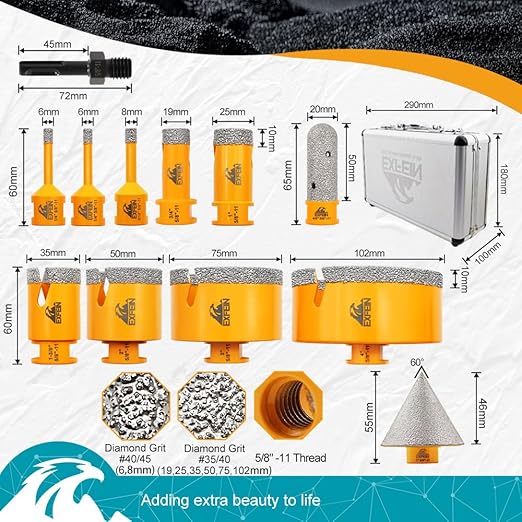 Diamond Tile Hole Saw Kit 14pcs 6/6/8/19/25/35/50/75/102mm Drill Bits & Adapter with 4/5" Finger Bit and 2" Chamfer Bit and 2pcs 4.5 Inch Diamond Blade for Tile Porcelain Ceramic Marble Granite
