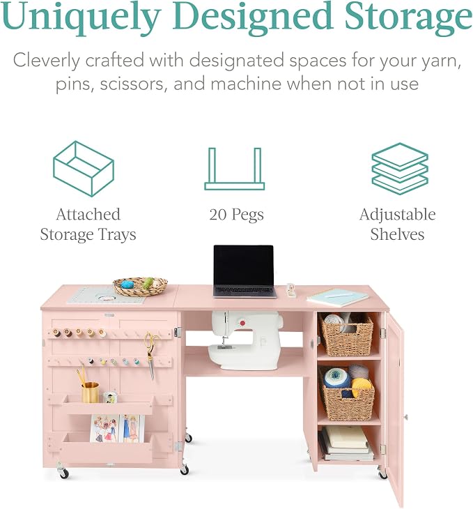 Best Choice Products Large Folding Sewing Table, Caster Wheels, Storage Shelves - Image 3
