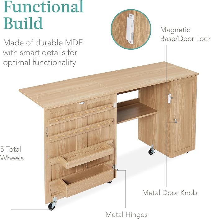 Best Choice Products Large Folding Sewing Table, Caster Wheels, Storage Shelves - Image 7