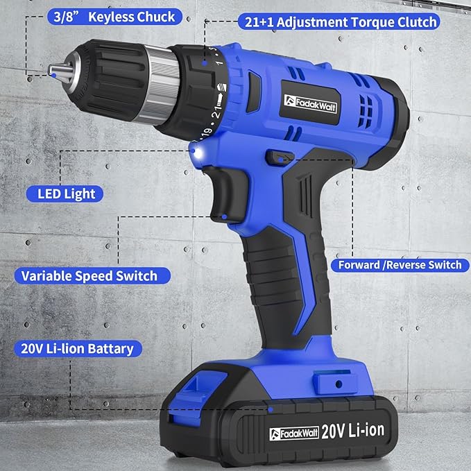 20V Electric Drill Set with Battery and Charger, 30N Torque, 21+1 Settings, 3/8-Inch Keyless Chuck, LED Electric Drill Set (Blue)
