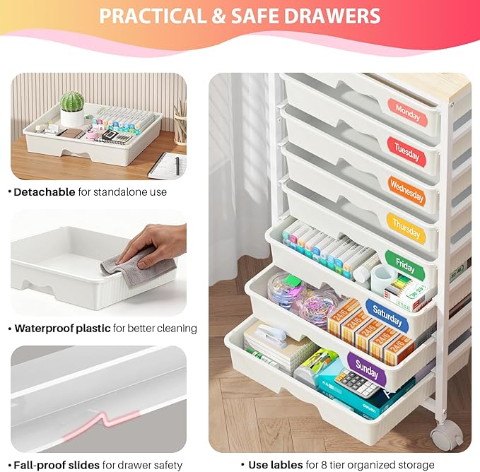 Goovilla Rolling Cart with Drawers, Utility Cart Organizer With 8 Removable - Image 3