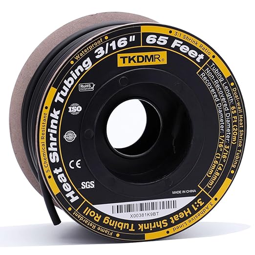 TKDMR 65 Ft 3/16" Heat Shrink Tubing - 3:1 Ratio Marine Grade Heat Shrink,Wire Cable Adhesive Lined Tube Insulation Seal Against Moisture Corrosion and Air Leakage.Black
