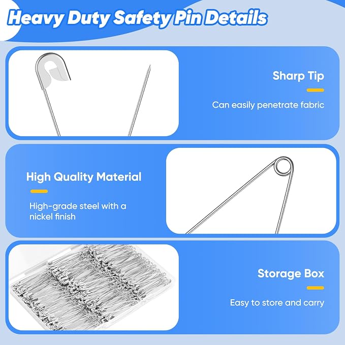 Huhuhero 200Pcs Safety Pins for Clothes, 2.2 inches Large Heavy Duty Safety Pins - Image 3