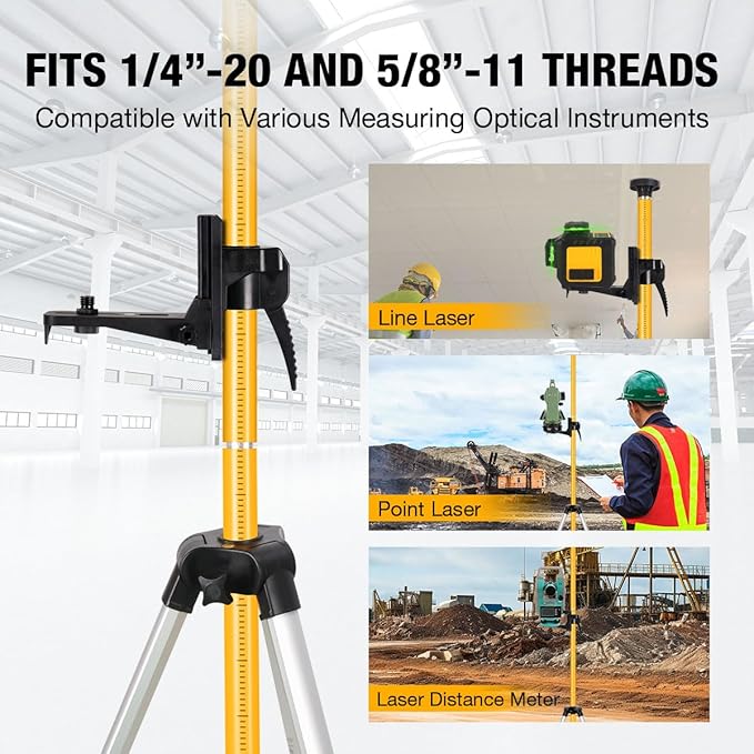 Telescoping Laser Level Pole with Tripod, 12Ft/3.7M Laser Level Stand, Includes 1/4"-20 Laser Mount & 5/8"-11 Adapter for Rotary/Line Lasers