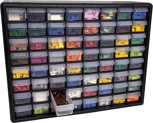 Akro-Mils 64-Drawer Plastic Drawer Storage Cabinet for Garage Organization, Bead Organizer, Building Bricks Storage, Teacher Toolbox, Makeup Organizer, 20-Inch W x 6-Inch D x 16-Inch H, 10164 Black