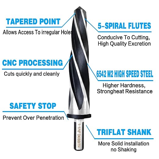 DKIBBITH 1-1/16" Bridge Construction Reamer Drill Bit, M2 HSS Taper Chucking Reamer for Steel Alloy Metal Wood Plastic, 1/2" Non-Slip Shank, 5-Spiral Flutes Car Reamer, to Align or Enlarge Holes, 27mm