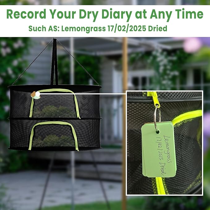 2 Layer 24" Herb Drying Rack Hanging with Garden Pruning Shears, Large Zipper, Hook & Notepad, Foldable Drying Rack for Herbs, Spices & Seasonings, Hanging Herb Dryer Indoor Outdoor