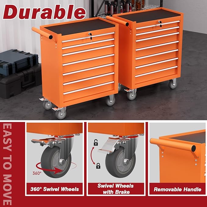 Rolling Tool Chest with Drawers, 7 Drawers Tool Chests & Cabinets, Metal Toolbox with Wheels, Lockable Storage Cabinet, Garage Tool Box with Drawers (Orange, 7 Drawers)