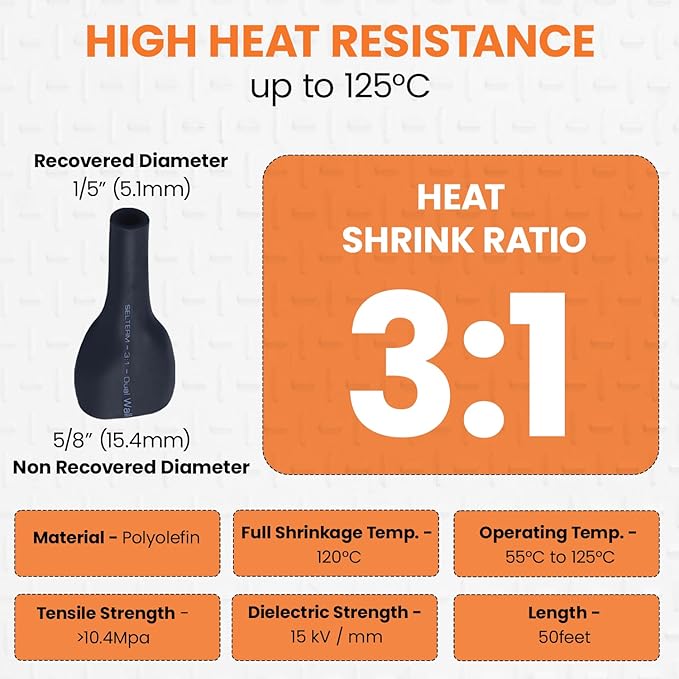 SELTERM 5/8" Black [50 Feet] Marine Grade Heat Shrink Tubing Roll, 3:1 Ratio Dual Wall Adhesive Lined Waterproof Heat Shrink Wrap Tube, for Battery Cable Lugs Wire Terminals Connectors