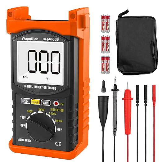 Megohmmeter 200 Gig Ohm Digital Insulation Resistance Tester 500V/1kV/2.5kV/5kV Auto Range Voltage,Resistance Tester with 1999 Count LCD Display, Data Hold, Back-Light-RQ-6688B（Orange）