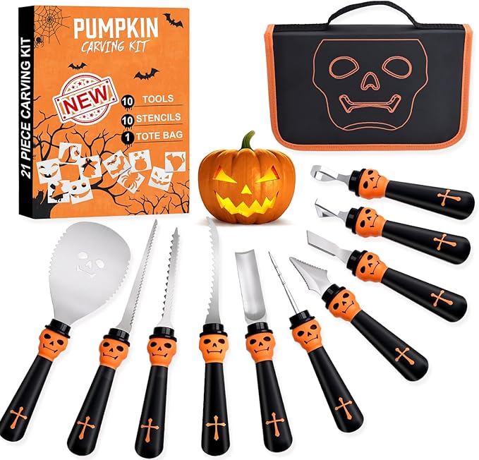 21 Pieces Comfort Grip Pumpkin Carving Kit with Gift Box and Carrying Case Heavy Duty Stainless Steel Pumpkin Carver Tools Pumpkin Sculpting Set and 10 Stencils for Halloween Jack-O-Lanterns (BLACK)