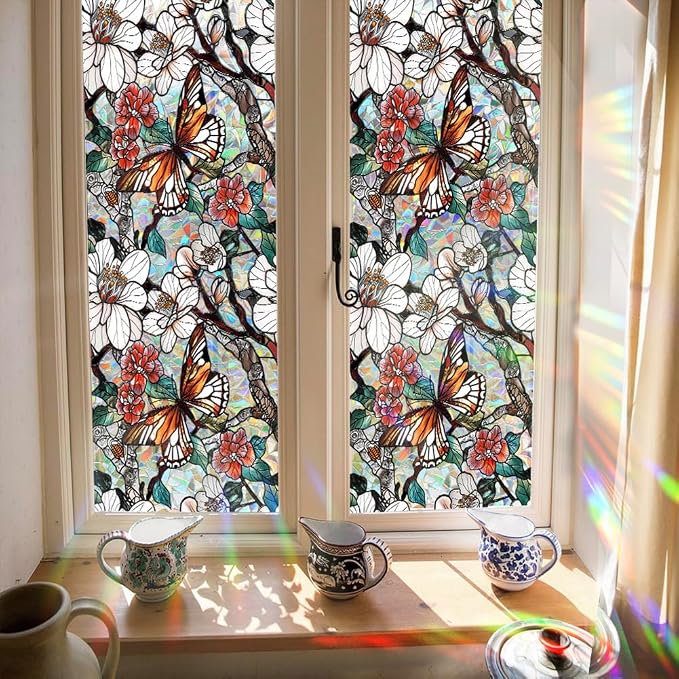 Retro Flower Window Privacy Film, Stained Glass Decals Floral Butterfly Privacy - Image 4