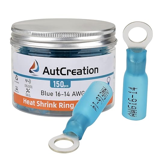 AutCreation 150PCS Heat Shrink Ring Terminals #10 Blue 16-14 AWG Marine Grade Electrical Wire Connectors, Tinned Red Copper Resistant Ring Connectors, Insulated Waterproof Crimp Terminals