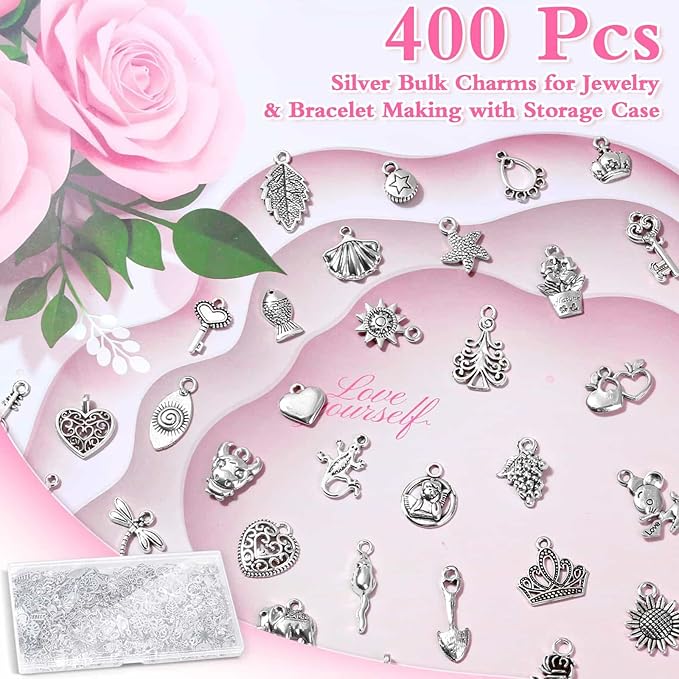 400 Pcs Silver Charms for Jewelry Making, Wholesale Bulk Lots Tiny Assorted - Image 3