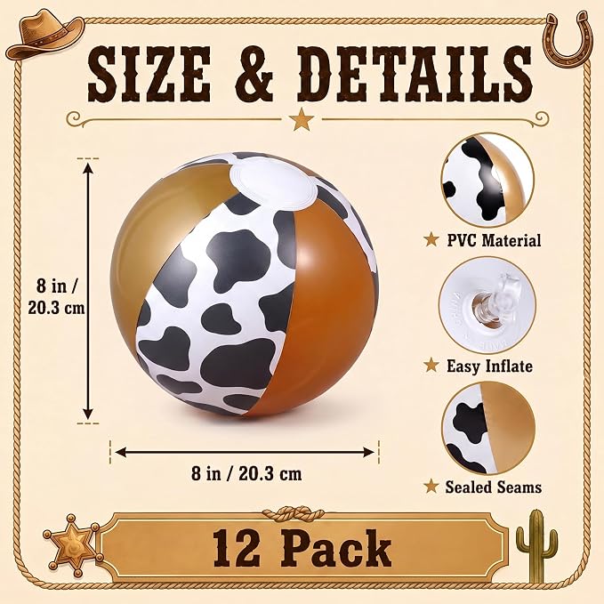 Realspring 12 Pack Cow Print Inflatable Beach Balls 8 Inch Farm Animal Party - Image 3