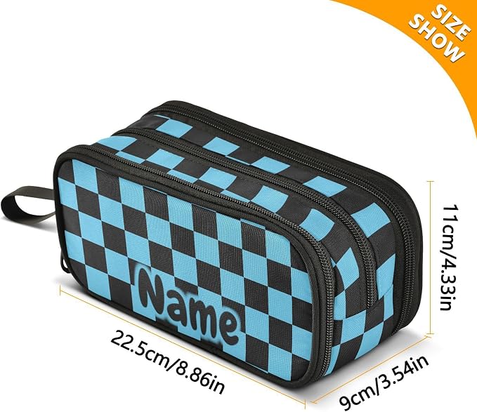 Custom Black Blue Checkered Pattern Pencil Case Box Boys Girls Personalized - Image 7