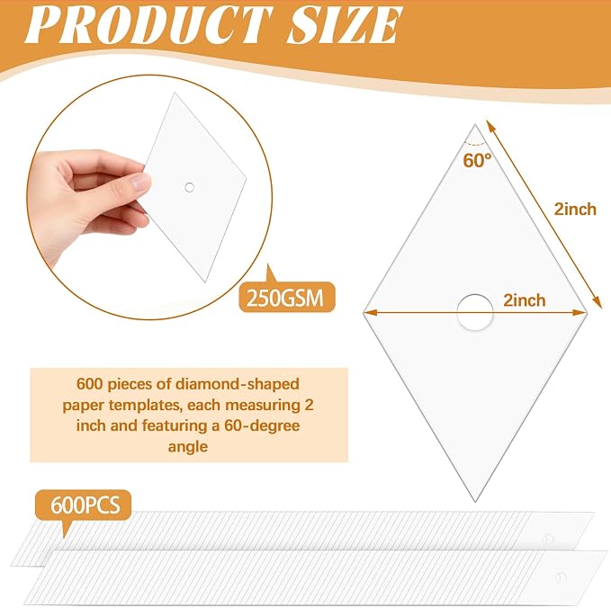 Neworkg 600 PCS 2" Diamond 60 Degrees Piecing Paper Templates, Quilting - Image 2