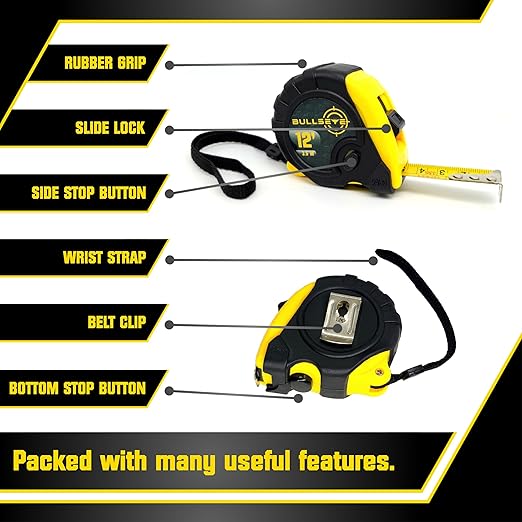 Bullseye Tape Measure 12 Foot 3-Pack | Yellow | Small, Retractable Measuring Tapes with Pause Buttons | Easy-to-Read Standard and Metric Measurements for Adults and Kids | Inches and Centimeters