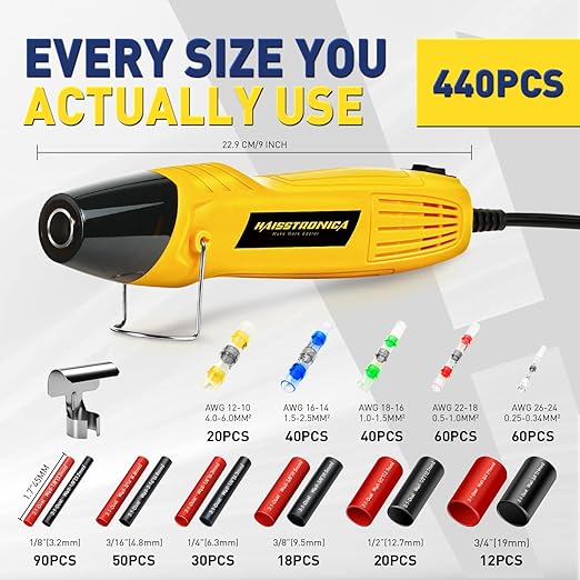 haisstronica 440 PCS All in One Set with Solder Seal Wire Connectors,3:1 Heat Shrink Tubing and Heat Gun,Solder Sticks Wire Terminals Electrical Connectors for Automotive, Marine, Trailer Wiring