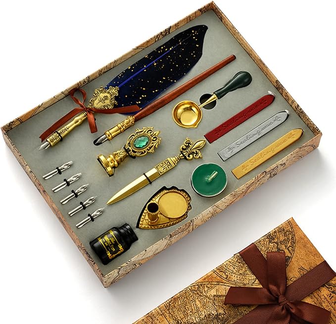 Joyeee Glittering Quill Pen Ink Set, 16 Piece Antique Dip Feather Pen Set by Joyeee