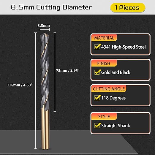 Drill Bit, 8.5mm Cutting Diameter, 4341 HSS Gold and Black 118° Cutting Angle Number Jobber Bits - (Applications: for Drilling Soft Metal Plastic Wood), 1-Pieces