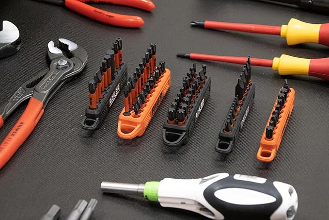 4 Pack Screwdriver Bit Holder Storage Organizer – Railer 10-Hole Bit Holder with Carabiner (Black/Orange/Camo Green/Hi-Vis Green)