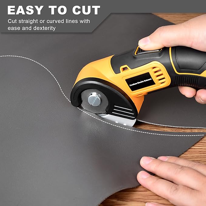 jomeda Cordless Electric Scissors, 4 V Rechargeable Rotary Cutter with Rechargeable LED Light, Safety Lock for Cutting Fabric, Cardboard, Leather, Carpet and PVC Boxes，Yellow