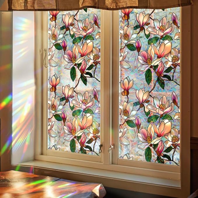 Retro Magnolia Flowers Window Privacy Film, Stained Glass Decals Colorful - Image 2