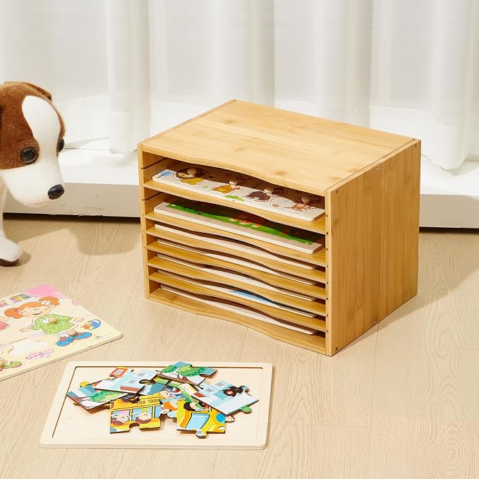 Ripeng 1 Pack Bamboo Puzzle Holder Rack, 7-Tier Adjustable Storage Organizer - Image 6