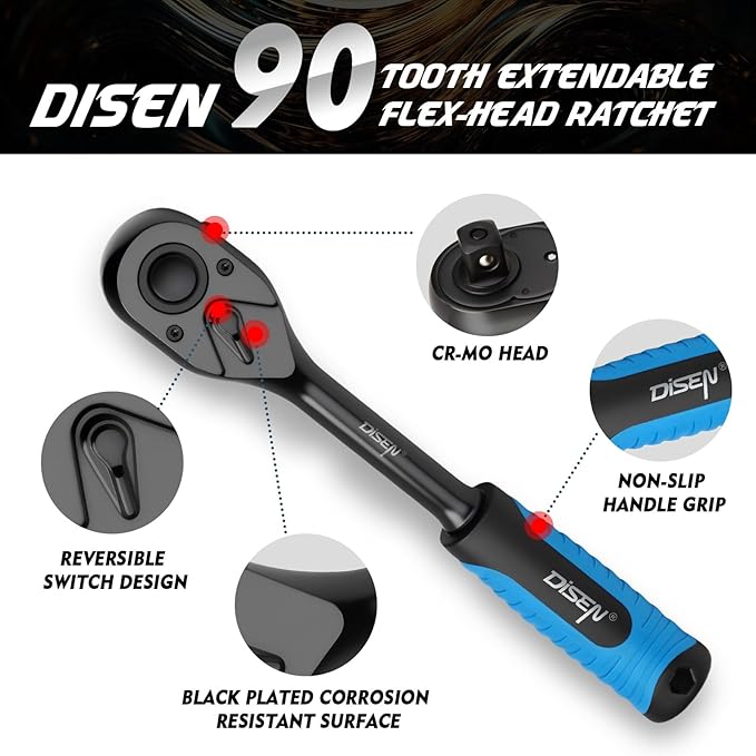 DISEN 3pcs Black Ratchet Set (1/2", 3/8", 1/4" Drive) - 90-Tooth Reversible with Non-Slip Rubber Grip, Quick Release & EVA Tray - Professional Ratchet Wrench Handle Kit
