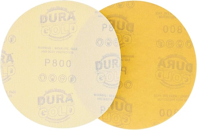 Dura-Gold Premium 800 Grit 6" Gold Sandpaper Discs, No Hole Pattern Dustless, Box of 50, Hook & Loop Backing for DA Sander, Finishing Coarse Sanding Abrasive Automotive Paint, Woodworking Wood, Metal