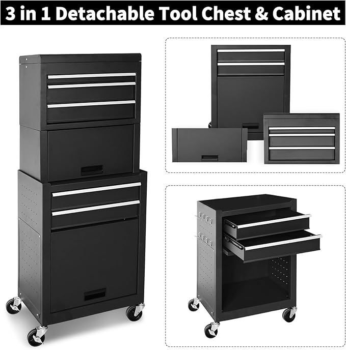 Rolling Tool Chest, 3-in-1 Detachable Metal Tool Box with Wheels & Drawers, High Capacity Toolbox Organization Sliding Drawers Garage Storage Box Cabinet Tools Cart for Warehouse Workshop