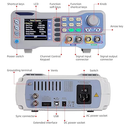 Koolertron DDS Signal Generator Counter, 2.8in Screen Display 60MHz High Precision Dual-Channel Arbitrary Waveform Generator Frequency Meter 275MSa/s Function Generators for Scientific,Laboratories