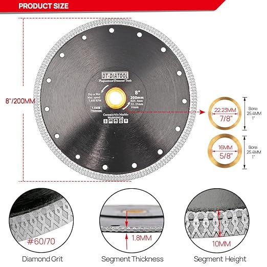 DT-DIATOOL Diamond Tile Blade 8 Inch 2pcs Diamond Turbo X Mesh Rim Segement Circular Saw Blade for Procelain Ceramic Stoneware Marble Granite Fits 5/8"-7/8" Arbor