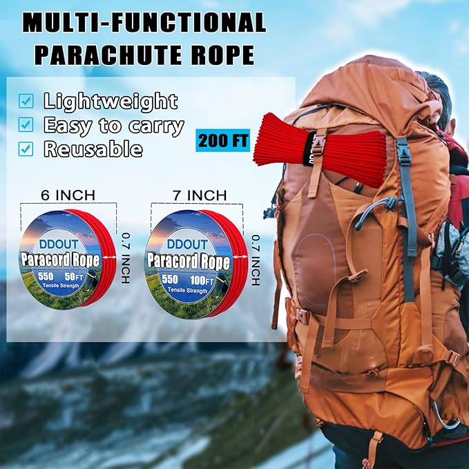 Paracord Nylon Rope Red 100ft with 7-Strand Core, 10 Colors and 50/100/200 ft, Type III Parachute Cord 4mm for Camping, Survival, Hiking, DIY, Crafting, Outdoor Utility Rope Black 50ft