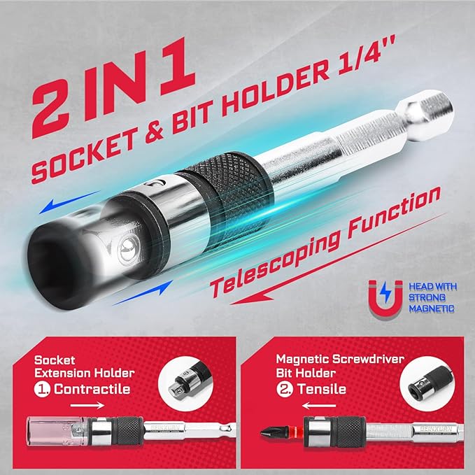 37Pieces Impact Screwdriver Bit & Socket Set with Mini Ratcheting Wrench, 30Pcs Impact S2 Screwdriver Bits, 5Pcs Sockets and 2-In-1 Bit Extension Holder Repair Tools