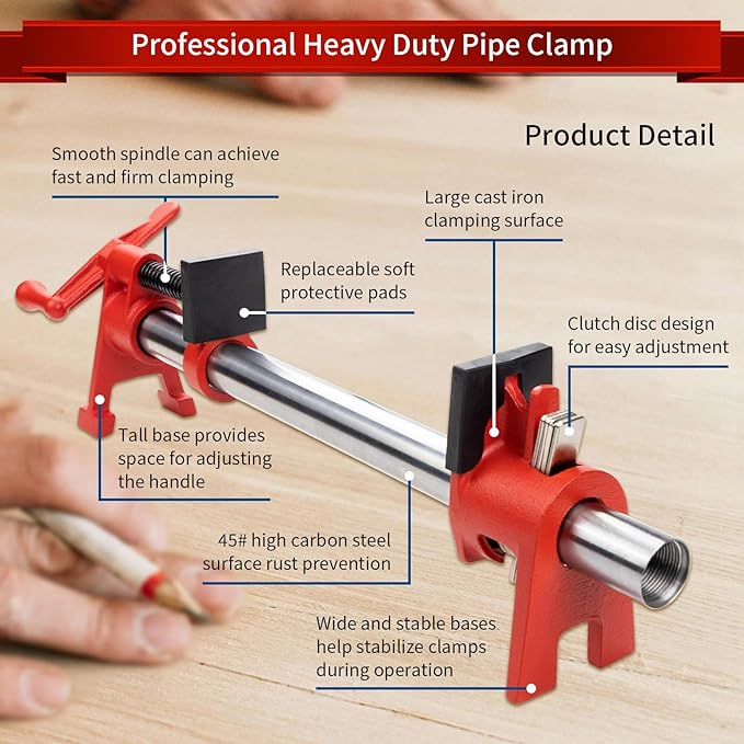 3/4 Inch H-Style Professional Wood Gluing Pipe Clamp Set with Steel Pipe, Heavy Duty 1766 Lbs Load Limit,for Woodworking(2-Pack)