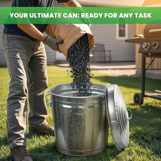 Plexon Silver 10 Gallon Trash Can with Lid Galvanized Steel Stylish Metal Trash Bin Outdoor for Kitchen, Patio, and Camping