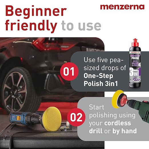 menzerna 3in1 Polishing Set – One-Step Polish + Drill Machine Adapter + Medium Cut Pad | Polish Your Car with a Cordless Drill