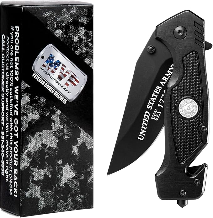 US Army Folding Elite Black Stealth Tactical Knife - Spring Assisted US Army Rescue Knife - Great Gift for the Soldier in your Life - Army Knife Black