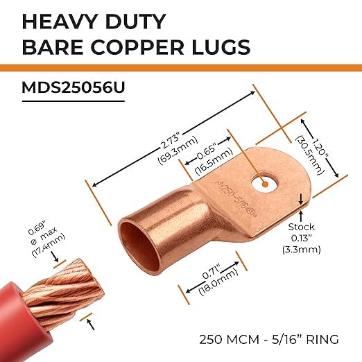 SELTERM 2pcs 250 MCM 5/16" Stud Copper Wire Lugs, Battery Lugs, Ring Terminals, Battery Cable Ends, 250 kcmil Ring Terminal Connectors, UL Heavy Duty Bare Copper Eyelets Battery Terminal Connectors