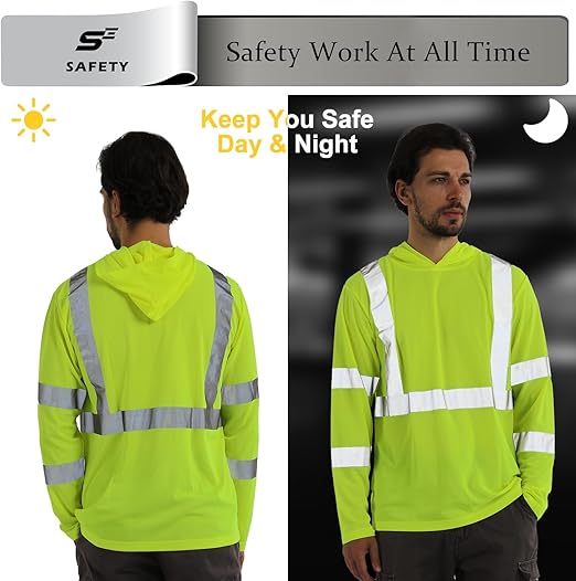 sesafety Safety Long Sleeve Construction Shirts for Men, Class 3 High Visibility Safety Shirt Work, Hi Vis Reflective Shirts with Hoodie Breathable Yellow L