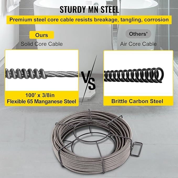 VEVOR Drain Cleaning Cable 100 FT x 3/8 Inch, Solid Core Steel Sewer Cable with 4 Cutter for 2" to 4" Pipes, Sewer Auger Cleaner Cable for Sink, Floor Drain, Toilet