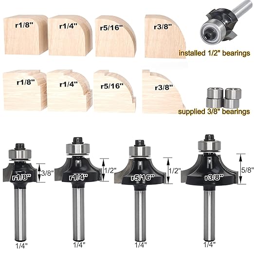 4Pcs Roundover and Beads Router Bits,Radius -1/8" ,1/4",5/16",3/8" Edge Forming Router Bit Set,1/4 Inch Shank,Corner Rounding Router Bits,Matched with 4pcs Alternative Beading Bearings